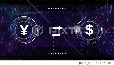 Displaying dual currency HUDs exchanging values in digital studio, with neon yen and dollar symbols 142186256