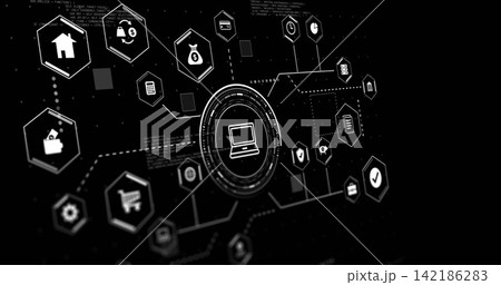 Displaying central HUD node with laptop icon on black screen, connecting hex icons via dotted lines Displaying central HUD node with laptop icon on black screen, connecting hex icons via dotted lines 142186283