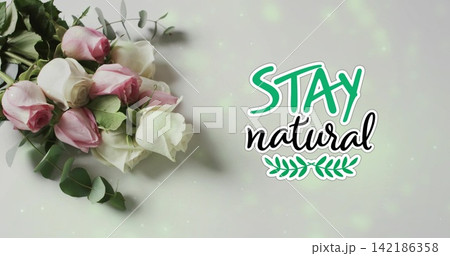 Displaying bouquet pink-white roses and eucalyptus on pale backdrop, STAY natural sign, copy space Displaying bouquet pink-white roses and eucalyptus on pale backdrop, STAY natural sign, copy space 142186358