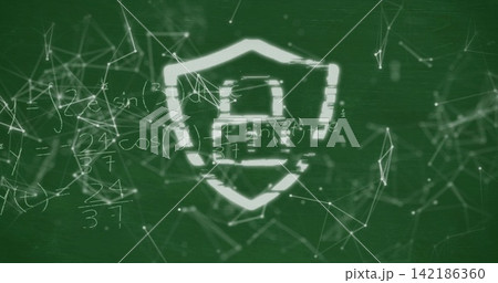 Glowing white shield with padlock hovering on green board, showing network nodes and math scribbles Glowing white shield with padlock hovering on green board, showing network nodes and math scribbles 142186360