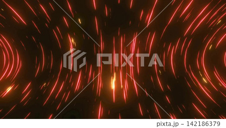 Spinning cluster of orange-red light streaks forming radial pattern in dark studio, with flares Spinning cluster of orange-red light streaks forming radial pattern in dark studio, with flares 142186379