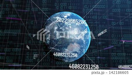 Rotating 3D globe showing clouded continents in data grid, overlaying numeric IDs, binary, neon Rotating 3D globe showing clouded continents in data grid, overlaying numeric IDs, binary, neon 142186605
