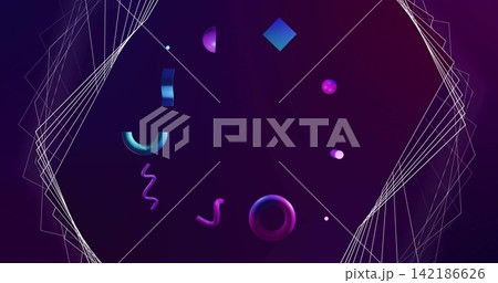 Floating neon cluster drifting in deep violet gradient, with magenta torus and wireframe edges Floating neon cluster drifting in deep violet gradient, with magenta torus and wireframe edges 142186626