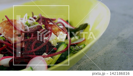 Serving lime bowl on gray countertop with beet salad, radish, feta, shrimp and overlay, copy space Serving lime bowl on gray countertop with beet salad, radish, feta, shrimp and overlay, copy space 142186816