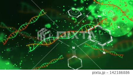 Showing molecular graphic floating in micro lab scene, with DNA helices, glowing blobs, particles 142186886