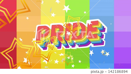 Displaying bold 3D PRIDE lettering centered on digital poster, showing rainbow stripes and stars 142186894