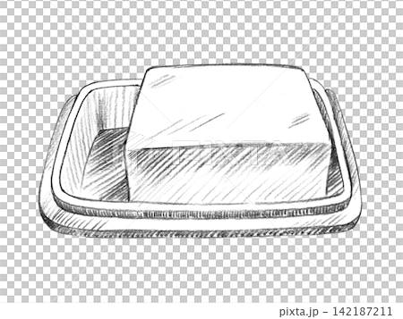 Butter dish with butter. Handmade farm pencil illustrations. For design of cards, cover, prints, product labels and fabric. Butter dish with butter. Handmade farm pencil illustrations. For design of cards, cover, prints, product labels and fabric. 142187211