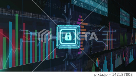 Showing glowing padlock chip radiating circuit traces on data dashboard, with charts and tickers Showing glowing padlock chip radiating circuit traces on data dashboard, with charts and tickers 142187808