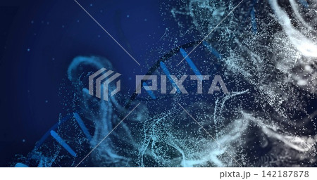 Glowing segmented double-helix drifting on digital blue gradient plane, with cyan particle clouds 142187878
