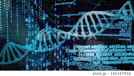 Displaying glowing cyan double helix stretching across virtual lab space, showing code streams 142187938