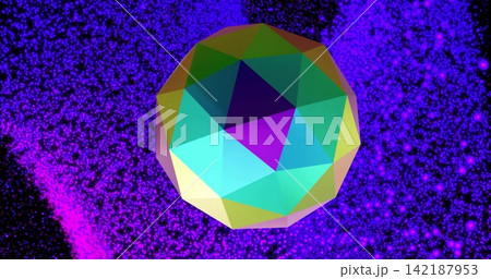 Floating colorful polyhedron spinning against starfield, with magenta cloud and glowing particles 142187953