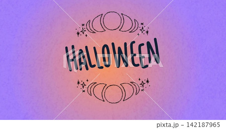 Displaying bold hand-lettered HALLOWEEN wordmark centered on flat canvas, with moon-phase motifs 142187965