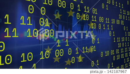 Streaming binary digits and yellow stars emblem over virtual chart, showing candles, price line 142187967