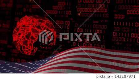 Rotating red wireframe globe at left, streaming binary columns over wavy American flag, copy space 142187971