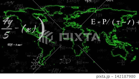 Glowing neon-green world map centering on dark digital graphic, with white formulas, molecules, arc Glowing neon-green world map centering on dark digital graphic, with white formulas, molecules, arc 142187980