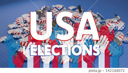 Displaying bold USA ELECTIONS type on blueprint grid, surrounding campaign buttons and raised hands 142188072