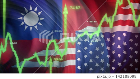 Vertical video: Digital Taiwan-US flag showing green chart with up arrow, numbers after data spike Vertical video: Digital Taiwan-US flag showing green chart with up arrow, numbers after data spike 142188099
