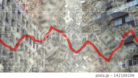 Displaying red jagged trend line cutting across office facades, with grid, dollar bills, markers Displaying red jagged trend line cutting across office facades, with grid, dollar bills, markers 142188106