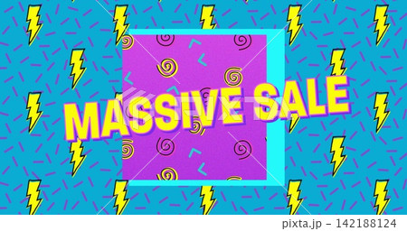 Presenting slanted MASSIVE SALE headline over purple square on promo banner, framed cyan, retro art Presenting slanted MASSIVE SALE headline over purple square on promo banner, framed cyan, retro art 142188124