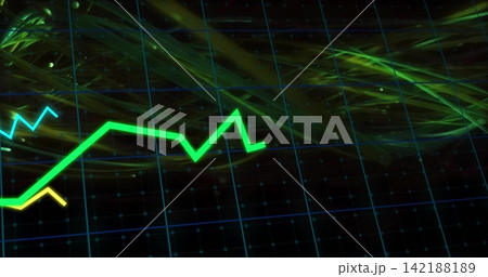 Coursing neon green jagged data line glowing across blue grid plane, with cyan and yellow traces Coursing neon green jagged data line glowing across blue grid plane, with cyan and yellow traces 142188189