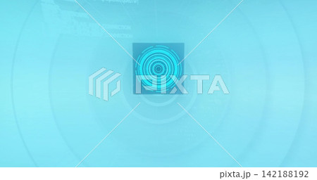 Showing central square panel emitting cyan rings and segmented arcs in digital HUD with faint text 142188192