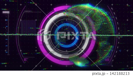 Displaying concentric-ring HUD rotating in HUD interface, showing particle globe, waveform axis Displaying concentric-ring HUD rotating in HUD interface, showing particle globe, waveform axis 142188213