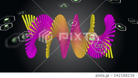 Showing magenta-yellow waveform forming from glossy spheres and nodes on virtual stage, hex panels Showing magenta-yellow waveform forming from glossy spheres and nodes on virtual stage, hex panels 142188216
