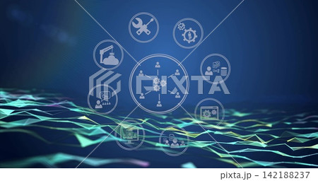 Displaying central hub linking users to gear on blue gradient, with neon mesh and HUD icons Displaying central hub linking users to gear on blue gradient, with neon mesh and HUD icons 142188237