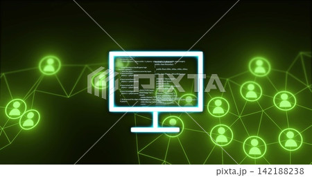 Displaying central monitor icon showing code in cyberspace, with neon user icons and connections Displaying central monitor icon showing code in cyberspace, with neon user icons and connections 142188238