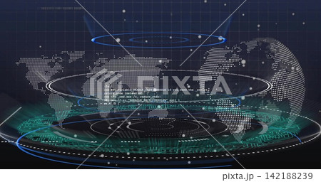 Displaying main holographic display in 3D UI, showing dotted globe and map, HUD rings, particles Displaying main holographic display in 3D UI, showing dotted globe and map, HUD rings, particles 142188239