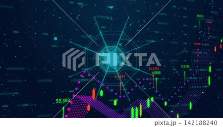 Pulsing cyan radial web linking magenta data points and green red candlestick bars on dashboard 142188240