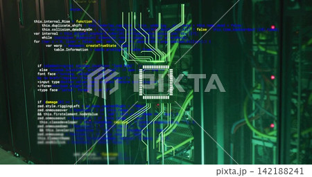Displaying chip overlay glowing above server racks in data center, with bundled cables, red LEDs Displaying chip overlay glowing above server racks in data center, with bundled cables, red LEDs 142188241