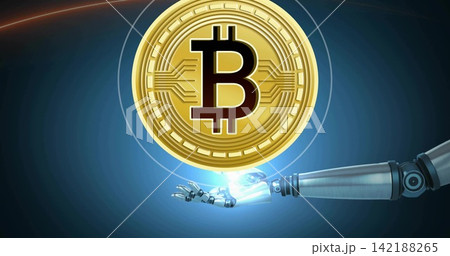 Lifting gold Bitcoin coin floating over glowing robot hand in blue circuitry space with holo rings Lifting gold Bitcoin coin floating over glowing robot hand in blue circuitry space with holo rings 142188265