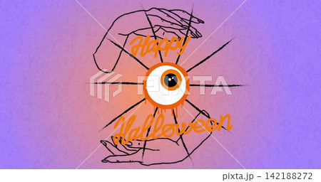 Showing central eyeball dripping orange ring on purple-peach gradient, with hands, Happy Halloween Showing central eyeball dripping orange ring on purple-peach gradient, with hands, Happy Halloween 142188272