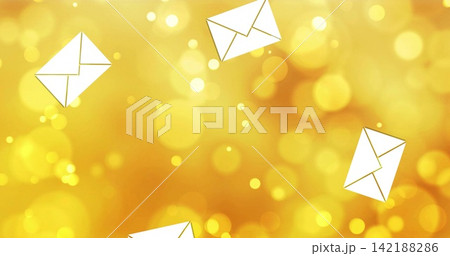 Floating white envelope icons rotating in warm golden bokeh graphic, with soft gradient circles Floating white envelope icons rotating in warm golden bokeh graphic, with soft gradient circles 142188286