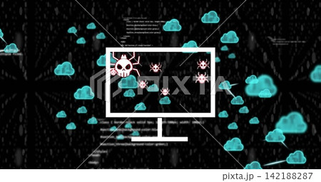 Displaying monitor outline containing pink skulls and bugs in cloud network with cyan nodes code Displaying monitor outline containing pink skulls and bugs in cloud network with cyan nodes code 142188287