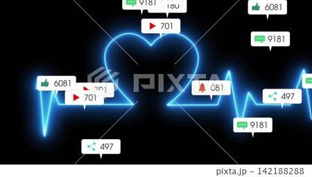 Pulsing neon EKG heart line traveling on black background, showing notification callouts with icons 142188288