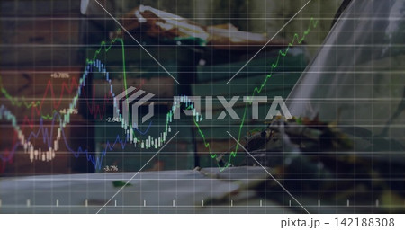 Displaying financial chart with green blue red trends, percentages over bedroom with white sheets Displaying financial chart with green blue red trends, percentages over bedroom with white sheets 142188308