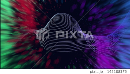 Floating central white wireframe ribbon forming sinuous 3D wave in digital art, with neon streaks Floating central white wireframe ribbon forming sinuous 3D wave in digital art, with neon streaks 142188376