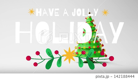Showing Xmas tree right on pale gray backdrop, showing white greeting text, green sprig, copy space Showing Xmas tree right on pale gray backdrop, showing white greeting text, green sprig, copy space 142188444