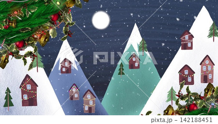 Featuring snowy mountain village at night with lit houses glowing under full moon, festive garlands Featuring snowy mountain village at night with lit houses glowing under full moon, festive garlands 142188451