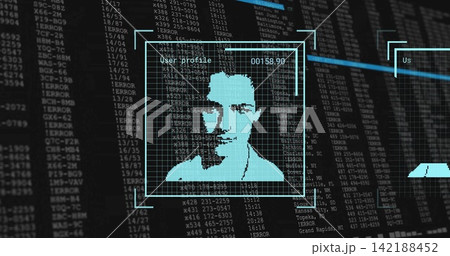 Displaying cyan pixel portrait in profile box on security terminal showing 00158 142188452