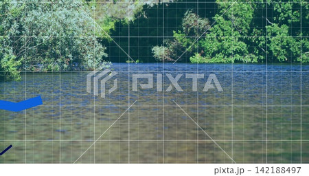 Rippling river surface reflecting sun glints at riverbank, with treeline, grid, blue shapes Rippling river surface reflecting sun glints at riverbank, with treeline, grid, blue shapes 142188497