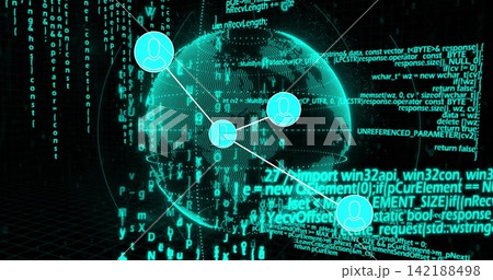 Glowing digital globe pulsing at center in virtual code network, connecting four avatar icons 142188498
