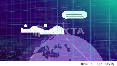 Glowing stylized globe rotating in virtual 3D UI, displaying thumbnails, chat bubble, cyan grid Glowing stylized globe rotating in virtual 3D UI, displaying thumbnails, chat bubble, cyan grid 142188510