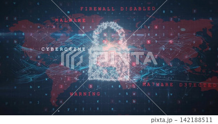 Glowing padlock icon pulsing above security panel, showing world map, network lines, red warnings Glowing padlock icon pulsing above security panel, showing world map, network lines, red warnings 142188511