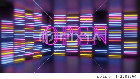 Glowing large magenta neon OPEN sign dominating center in neon-lit display room, with LED panels Glowing large magenta neon OPEN sign dominating center in neon-lit display room, with LED panels 142188564