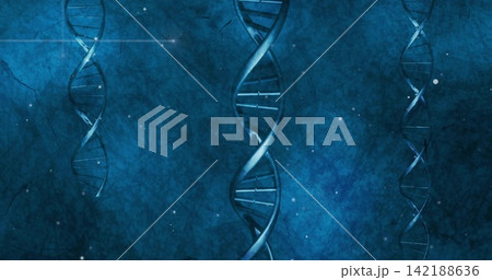 Showing central DNA helix with thin helices floating in digital illustration, ladder rungs and dots Showing central DNA helix with thin helices floating in digital illustration, ladder rungs and dots 142188636