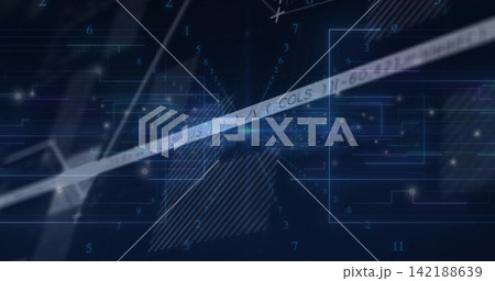 Streaming diagonal beam crossing virtual HUD, showing translucent frames, particles, numeric text Streaming diagonal beam crossing virtual HUD, showing translucent frames, particles, numeric text 142188639