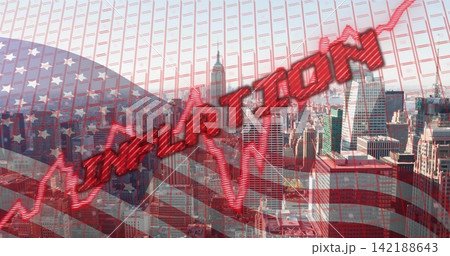 Rising red jagged trend line spelling INFLATION cutting across urban skyline, with faint US flag Rising red jagged trend line spelling INFLATION cutting across urban skyline, with faint US flag 142188643